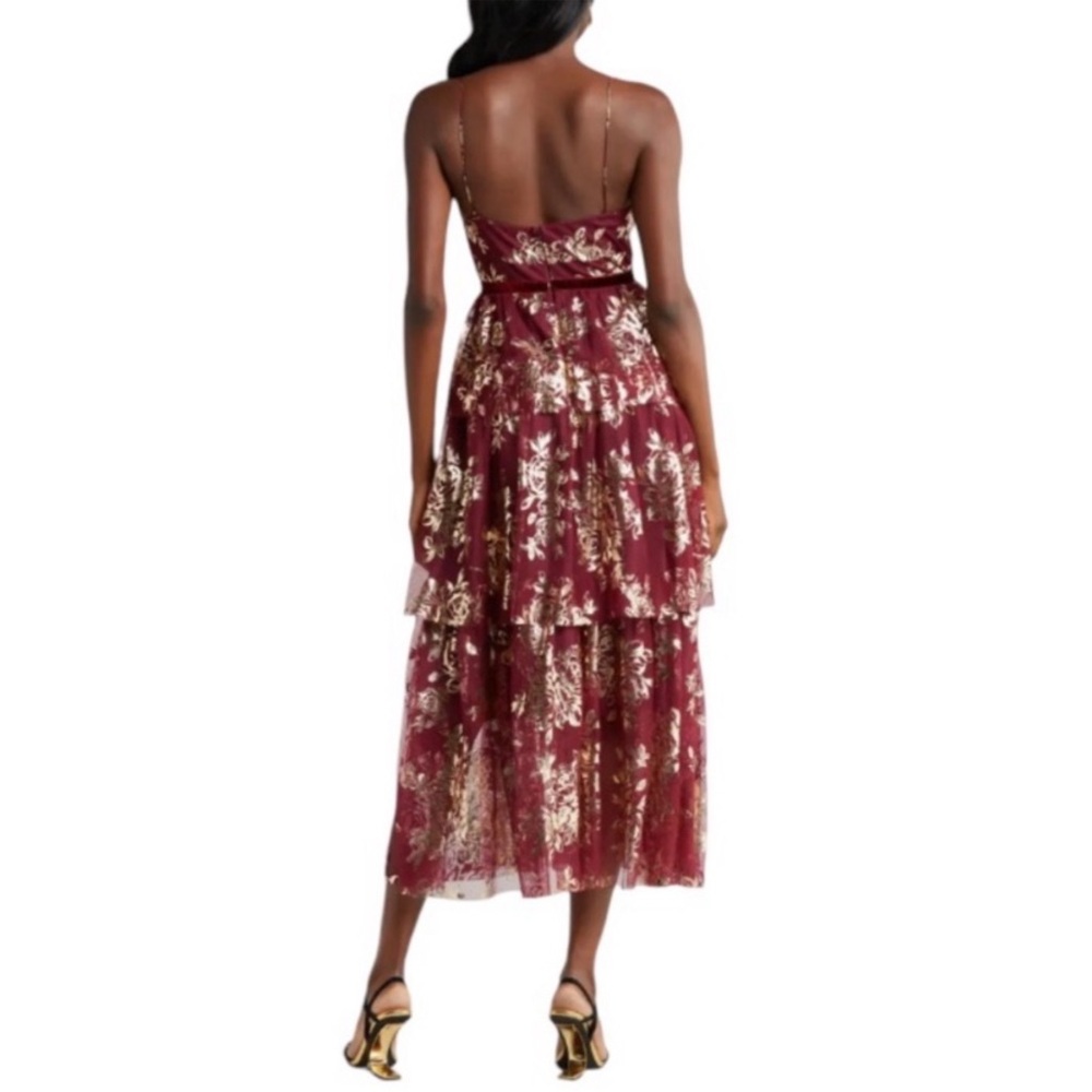NEW Jewel Badgley Mischka Metallic Floral Tiered Tulle Cocktail Dress in Wine - Picture 2 of 10